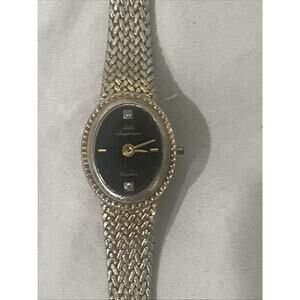 Vintage Jules Jurgensen Watch Women FOR PARTS REPAIR 16mm Gold Tone Black Dial